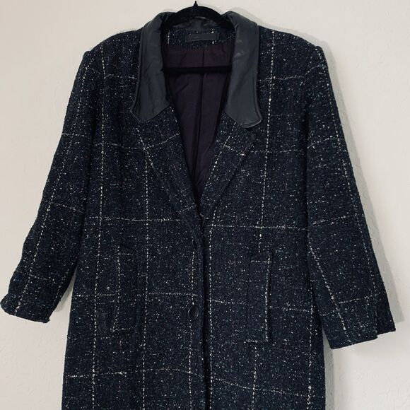Vintage 80s Women L/XL* Coat Black Tweed Speckled Wool Leather Button Mod Gogo - Picture 3 of 15